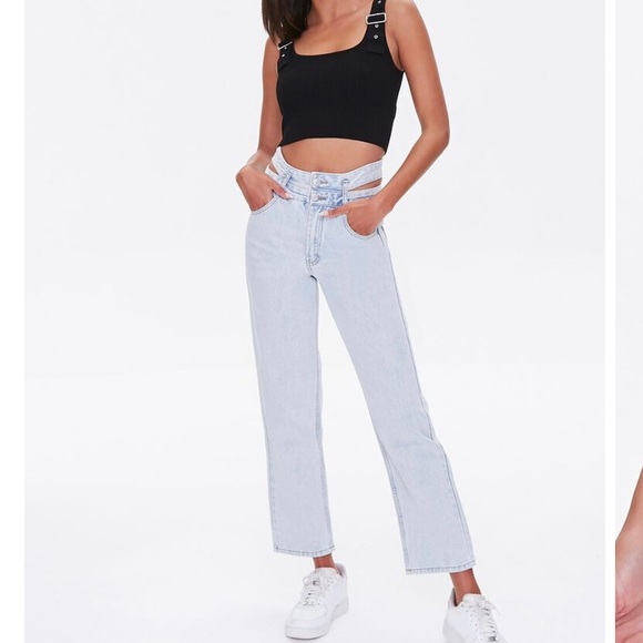 NWT{Forever 21}Sz 25 Cut Out Straight Leg Light Denim Jeans - Picture 1 of 16